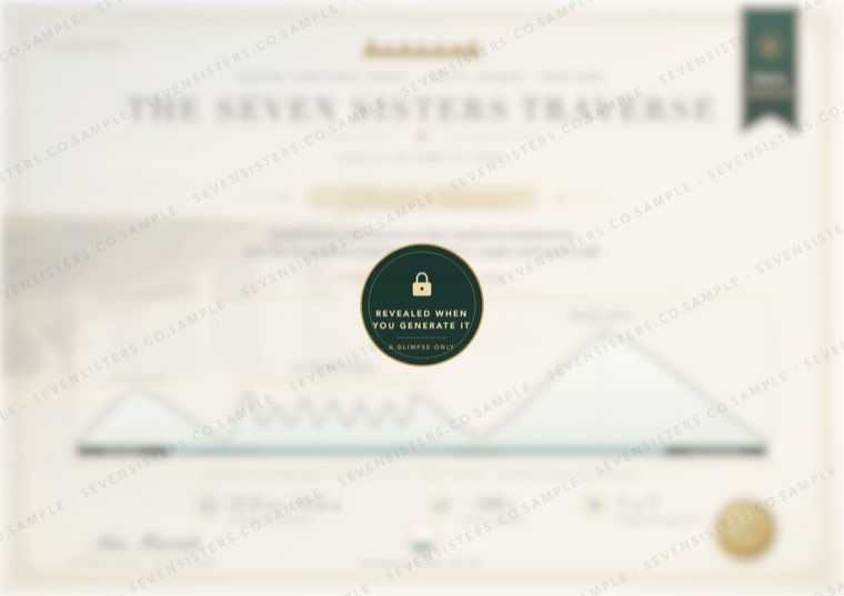 A blurred, watermarked preview of the Seven Sisters completion certificate - the full design is revealed only after purchase