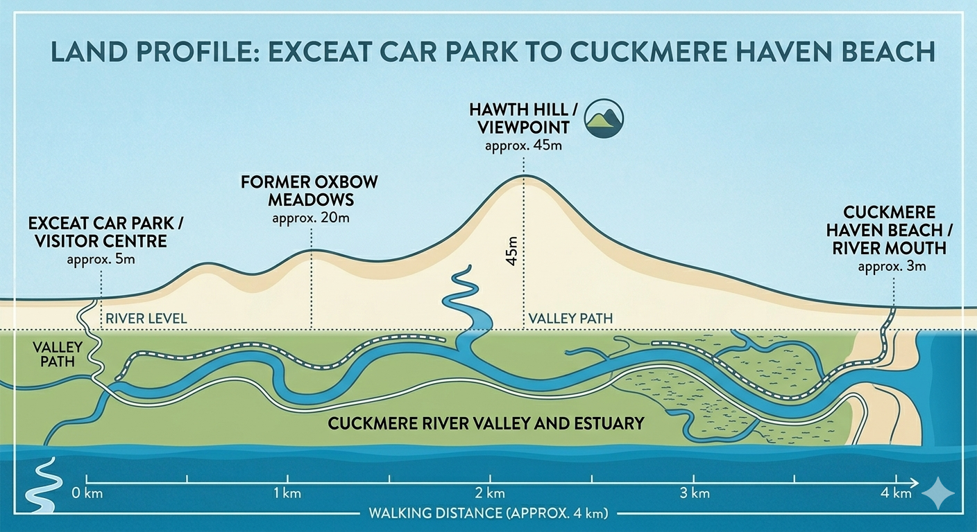Elevation profile of the Exceat car park to Cuckmere Haven beach walk — flat gravel path along the Cuckmere River, approximately 1.5km each way