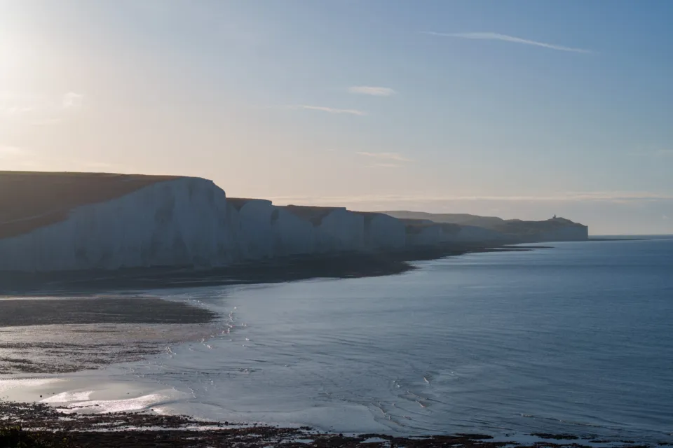 Golden hour light on the Seven Sisters chalk cliffs