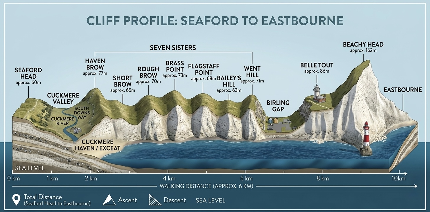 Cliff profile diagram from Seaford to Eastbourne showing all seven Sisters peaks with heights: Haven Brow 77m, Short Brow 65m, Rough Brow 70m, Brass Point 73m, Flagstaff Point 68m, Bailey's Hill 63m, Went Hill 71m, plus Belle Tout 86m and Beachy Head 162m beyond Birling Gap