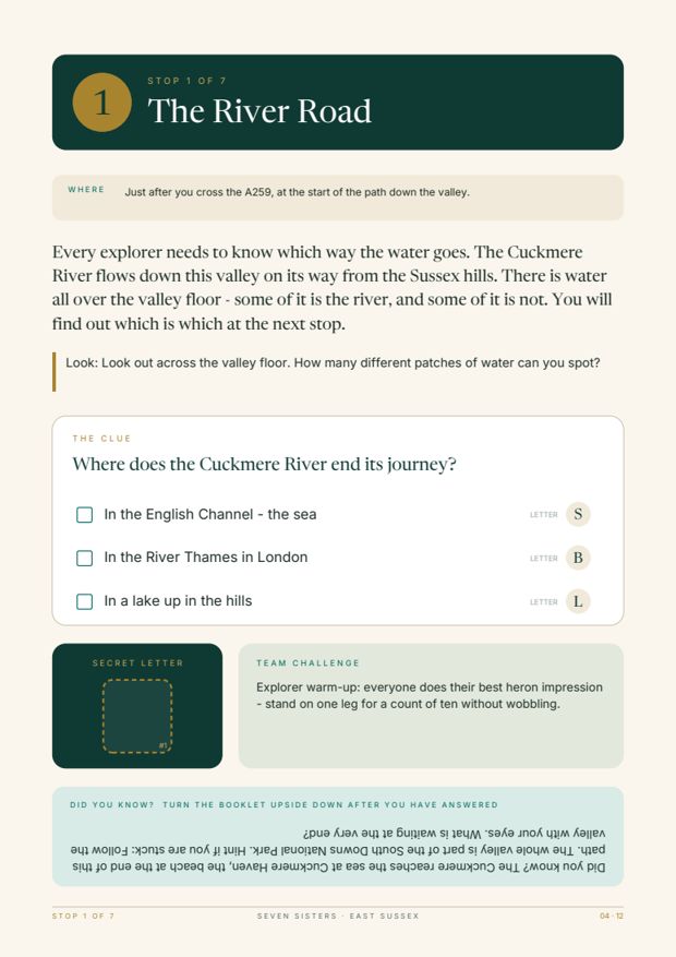 A clue page from the booklet, with the question, the answer letters and a team challenge